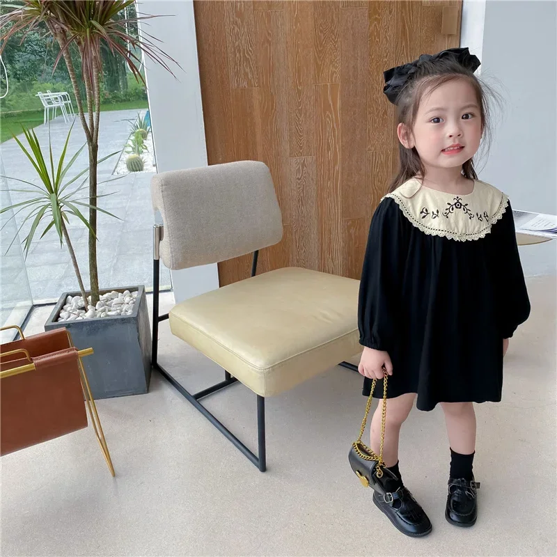 1-3-7y Kids Autumn Long Sleeve Girls Dresses Toddler Floral Embroidered Princess Dress Children Party Baby Clothing Retro Spring