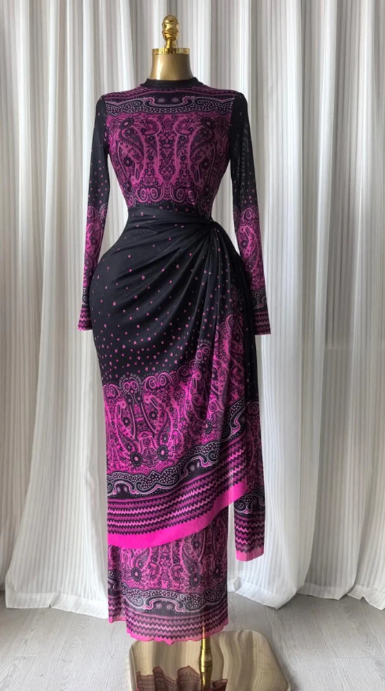 JENYAGE Damen Sexy Rosa Schwarz Paisley-Druck Transparentes Netzstoff-Oberteil mit Stehkragen Langarm Drapiertes Wickel-Bodycon-Party-Abend-Jumpsuit-Kleid – Detail 7