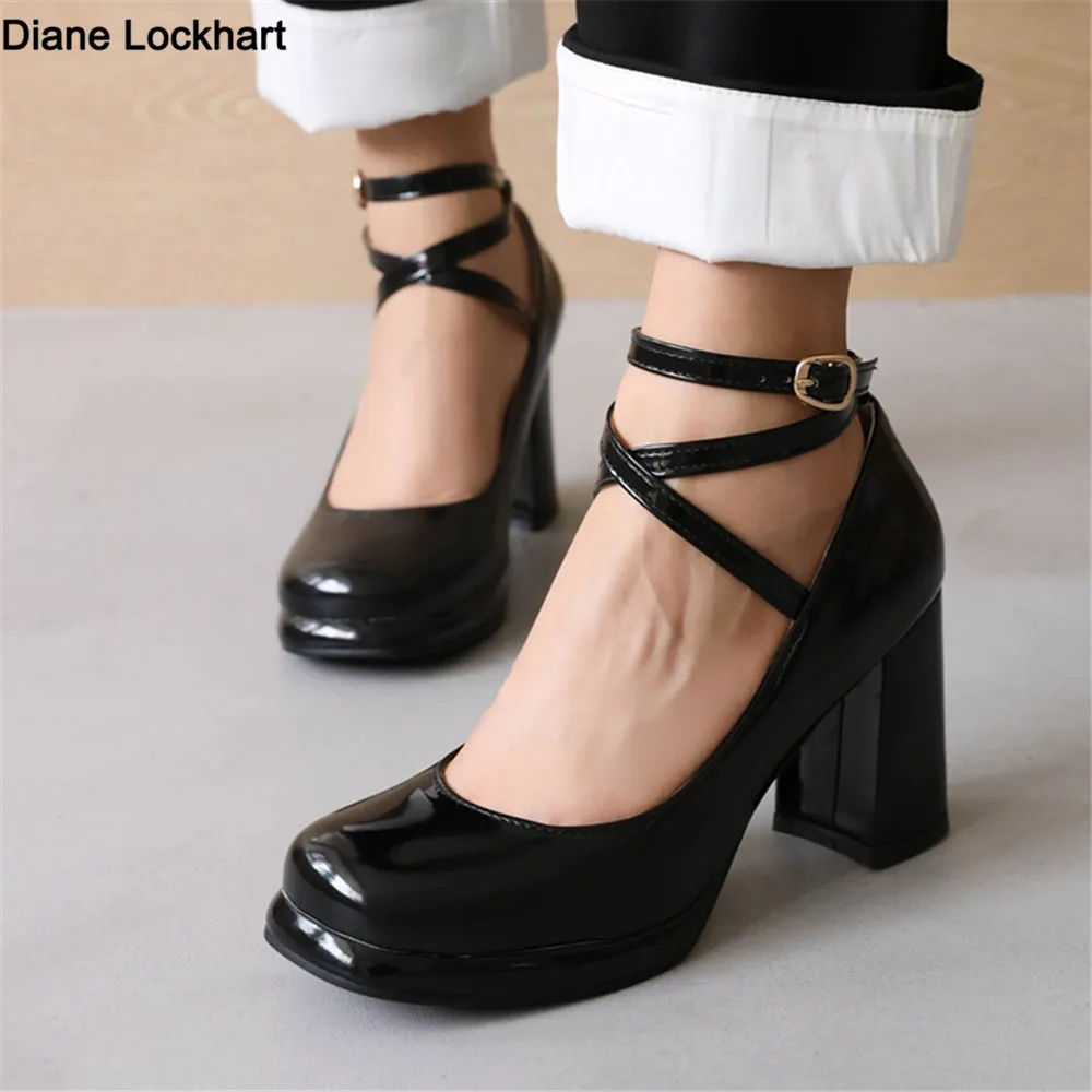 

Весенне-осенние туфли Мэри Джейн из лакированной кожи, туфли-лодочки, женские туфли на высоком каблуке с перекрестным ремешком и пряжкой, женские мокасины в готическом стиле