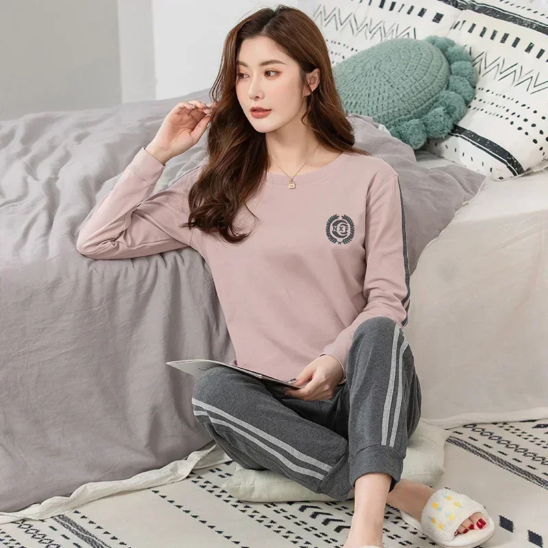 New Pajamas Set for Women Autumn Winter New Big 3XL-5XL Sleepwear Soft Cotton O-neck Lounge Wear Sporty Fashion Pijama Plus Size