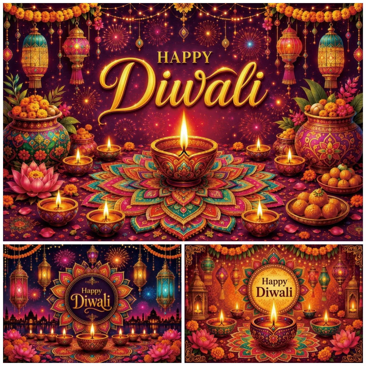 Yeele Happy Diwali Photography Backdrop Golden Diya Lamp Lotus Marigold Indian Festival Party Portrait Background Photo Studio