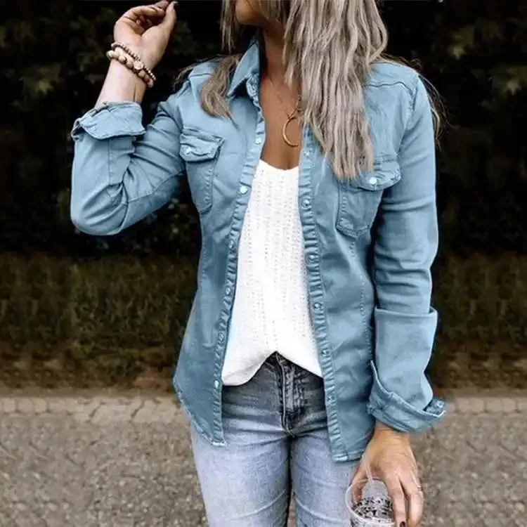 Denim Shirt Jackets Patchwork Top Women T Shirts Pockets V Neck Gray Shirts Y2k Tops Spring Autumn Elegant Streetwear Coats