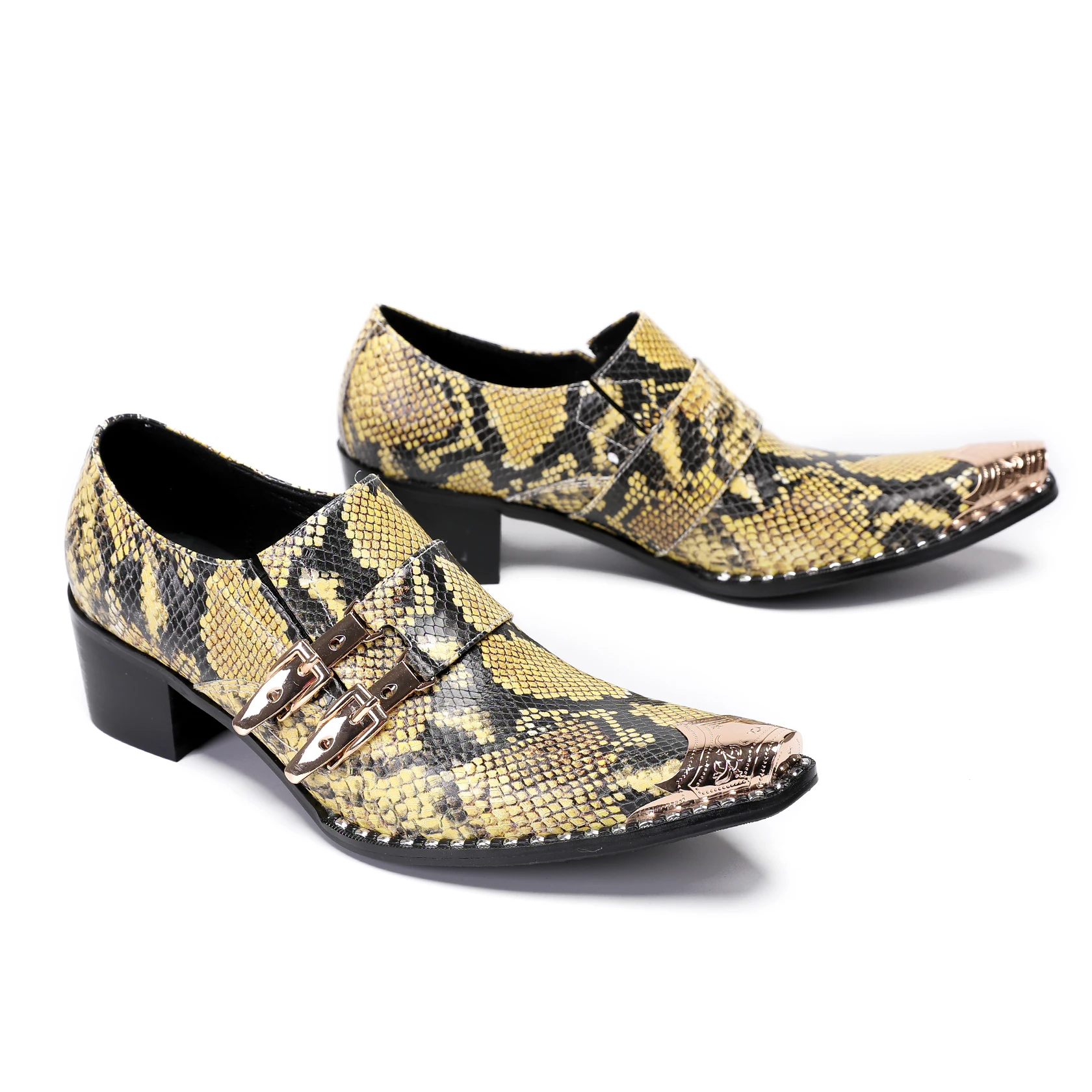 Yellow Snake Pattern Genuine Leather Men Shoes Plus Size Buckle Strap Business Office Oxford Shoes Male Club Party Dress Shoes