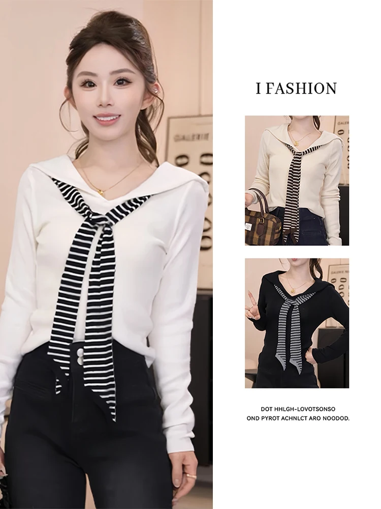 

Unique Naval Collar Long Sve Knitted irt Women's Premium Patchwork oulder awl Faionable Commute Sle Autumn 2025