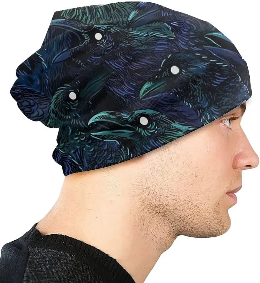 Gothic Beanies Caps The Offering Raven Pattern Skullies Knitted Hat for Men Women's Winter Ski Bonnet