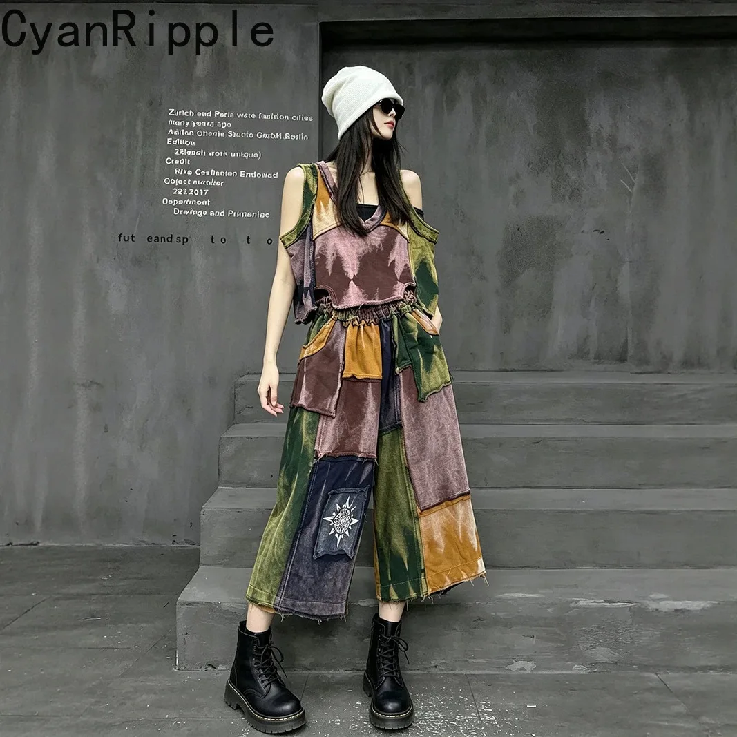 Personalized Fashion Women Set Gradient Color Blocking Sleeveless Tanks Top + Elastic Waist Mid-calf Wide Leg Straight Pants