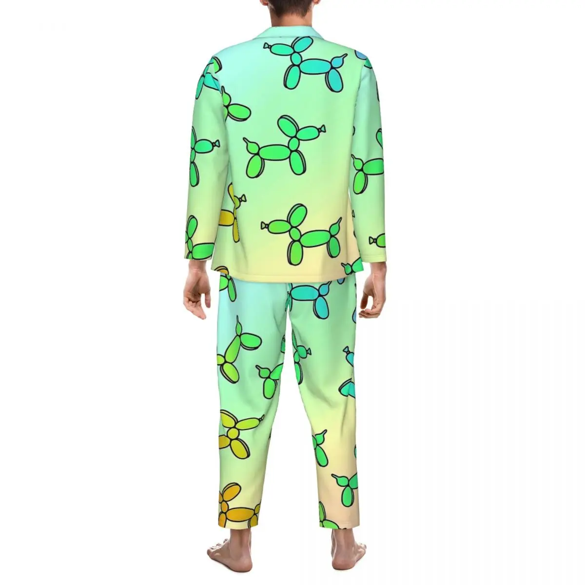 Bunter Ballon-Hunde-Druck-Pyjama für Herren, trendige Heim-Nachtwäsche, Frühling, 2-teiliges Pyjama-Set im Retro-Oversize-Design