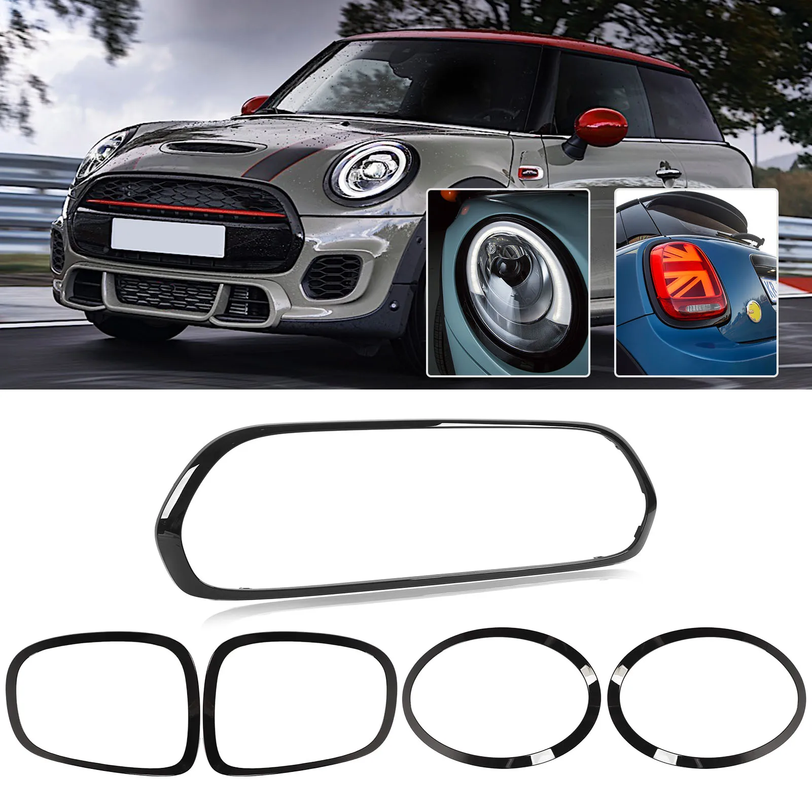 5pcs Gloss Black Headlight Taillight Grille Surround Cover Trims Replacement for Mini F55 F56 F57 One Cooper S JCW 2014+