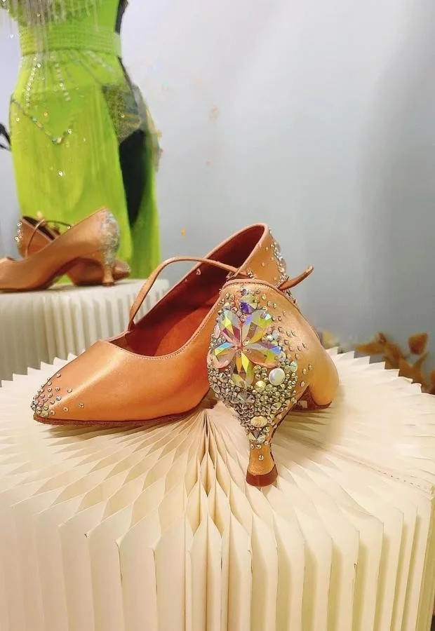 Modern Dance Shoes with Embedded Diamonds Satin Soft Bottom for Competitions And Social Dancing in Skin Color by WuYi Sha