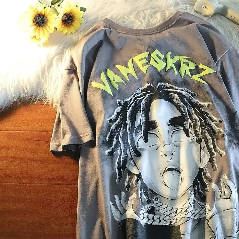 Pure Cotton American Retro Trendy Short Sleeved Oversize Men and Womenloose Fitting Street Hiphop Character Ins Style T-shirttop