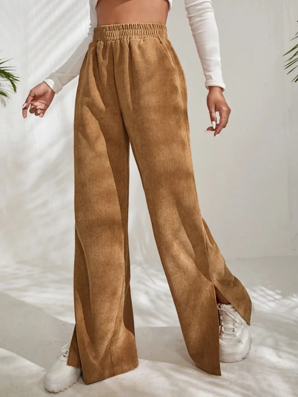 Women Korean Style High Waist Slit Joggers Autumn and Winter Corduroy Women Wide Leg Pants Solid Women Loose Trousers Streetwear