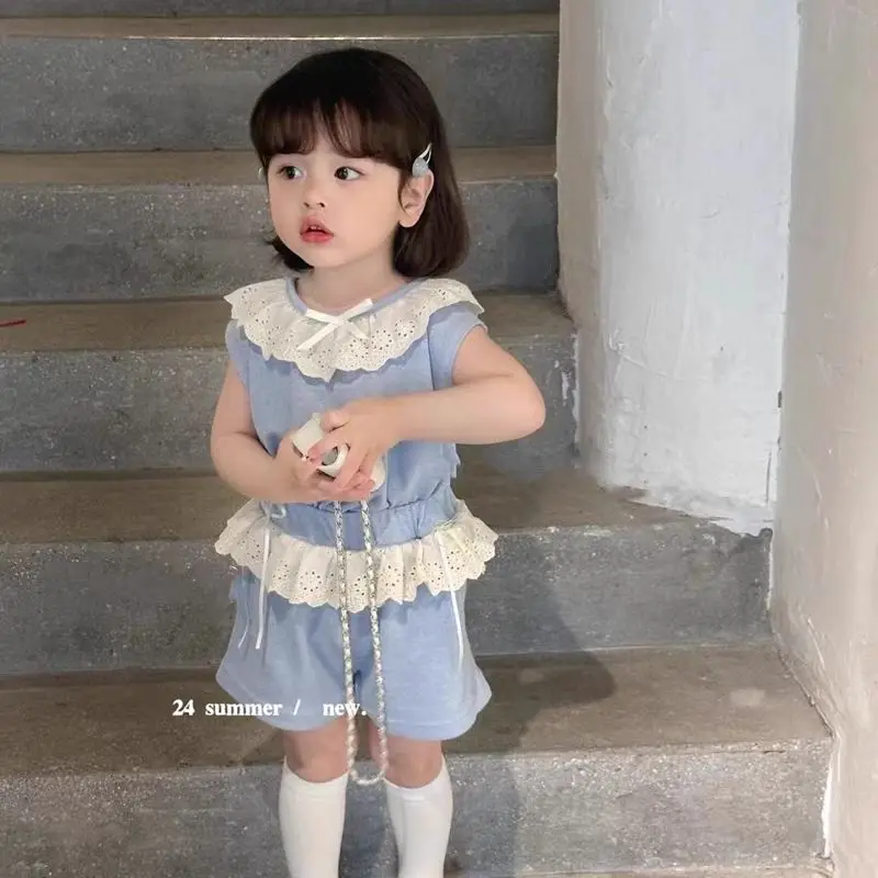 

Childrens Sets Korean 2024 Fashion Clothing Girl Summer New Blue Tops Shorts Baby Two Piece Round Collar Sleeveless