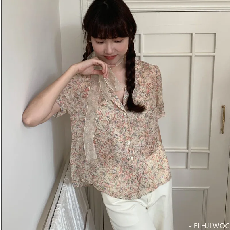 FLHJLWOC-Chemise à lèvent Rose et Imprimé Floral pour Femme, Blouse Chic Japonaise, Design Doux, Offre Spéciale, Été