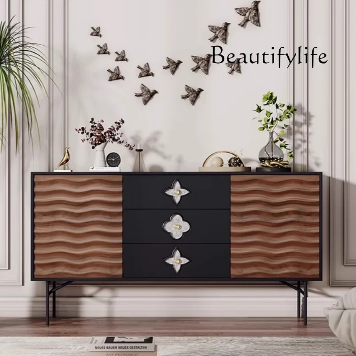 

Italian Style Black Sideboard Cabinet Walnut Color Hallway Bedroom Locker Wave Pattern Decorative Shoe Cabinet