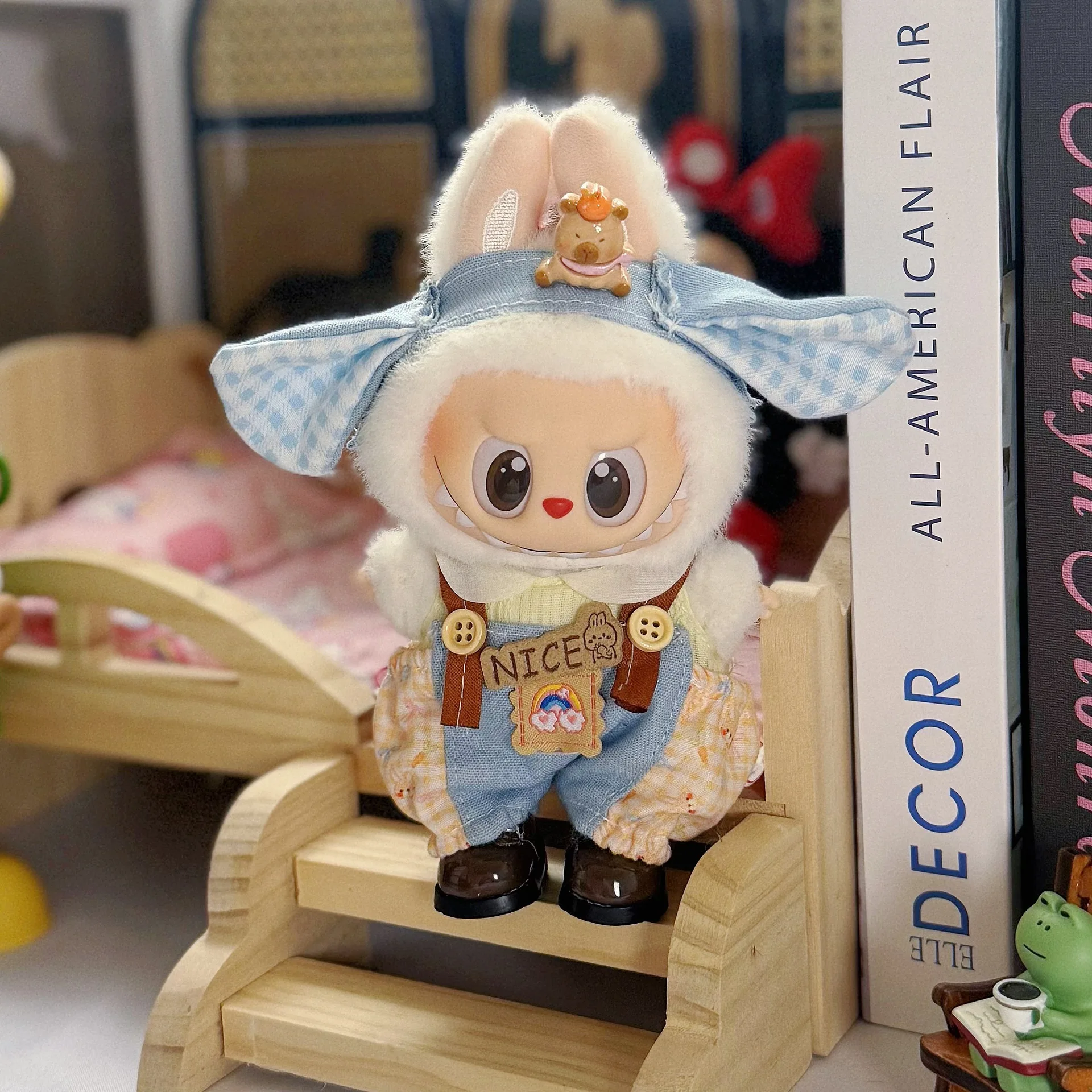 

17 cm labubu doll clothing blind box, color-matching checkered overalls, hat, three-piece set, interchangeable
