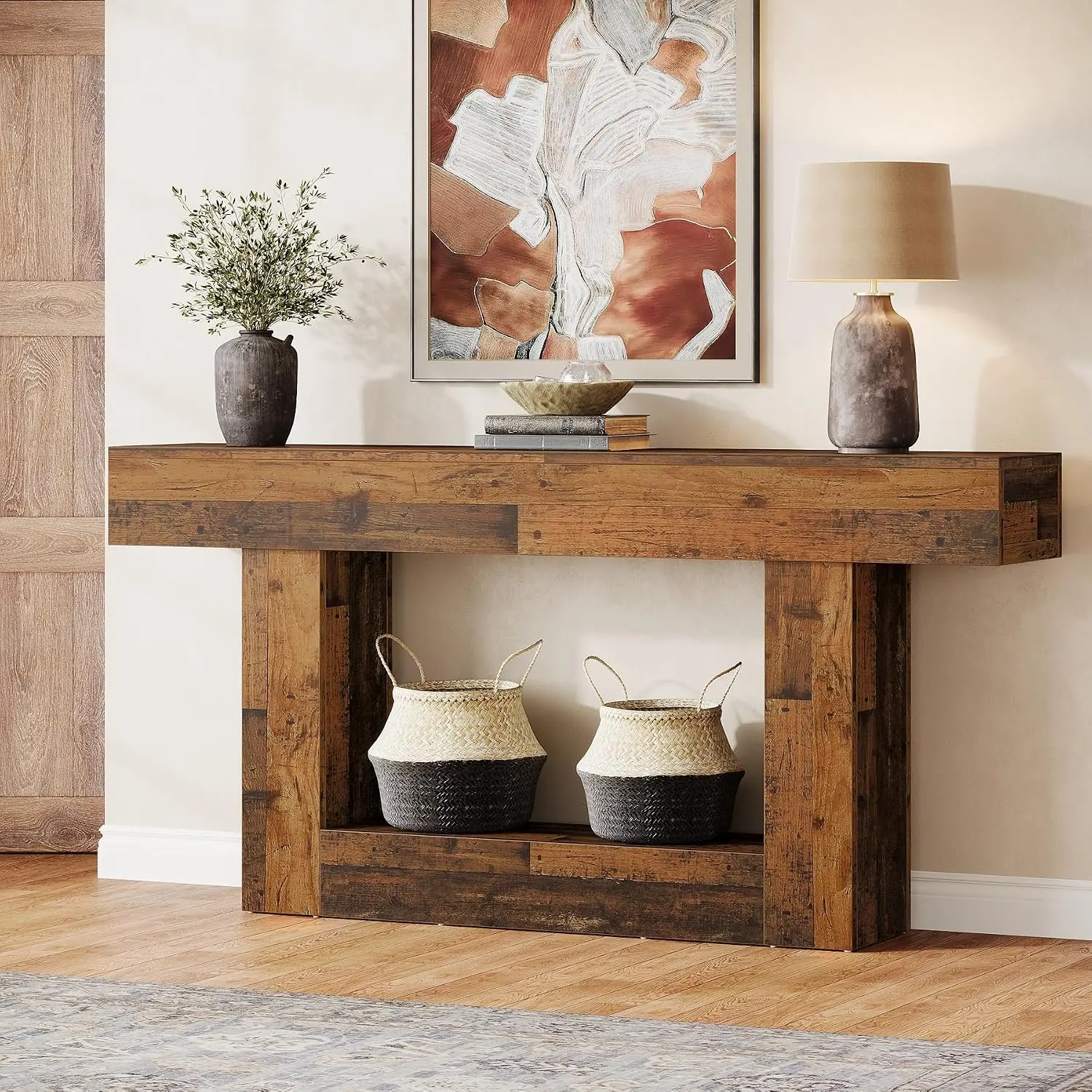 63-Inch 2-Tier Console Table With Storage, Farmhouse Wood Behind Couch Table For Living Room & Hallway, Rustic Brown, Customized