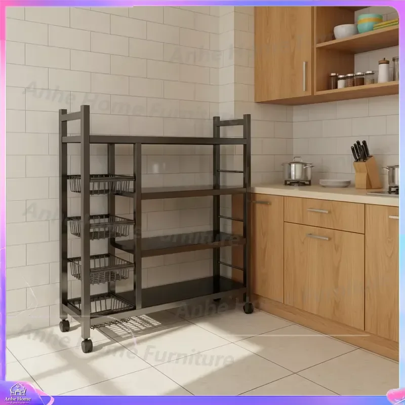 Black Multi Layer Carbon Steel Kitchen Storage Cart With Universal Wheels Mobile Fruit Vegetable Rack Rolling Organizer Shelf