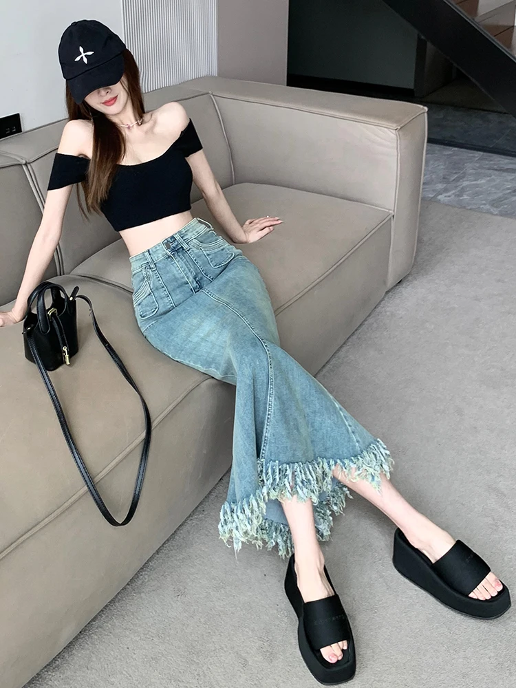 Hip Wrap Denim Fishtail Skirt Women Tassels High Waist Slim Fit Pockets Korean Fashion Elegant Long Skirt Vintage Y2k Summer