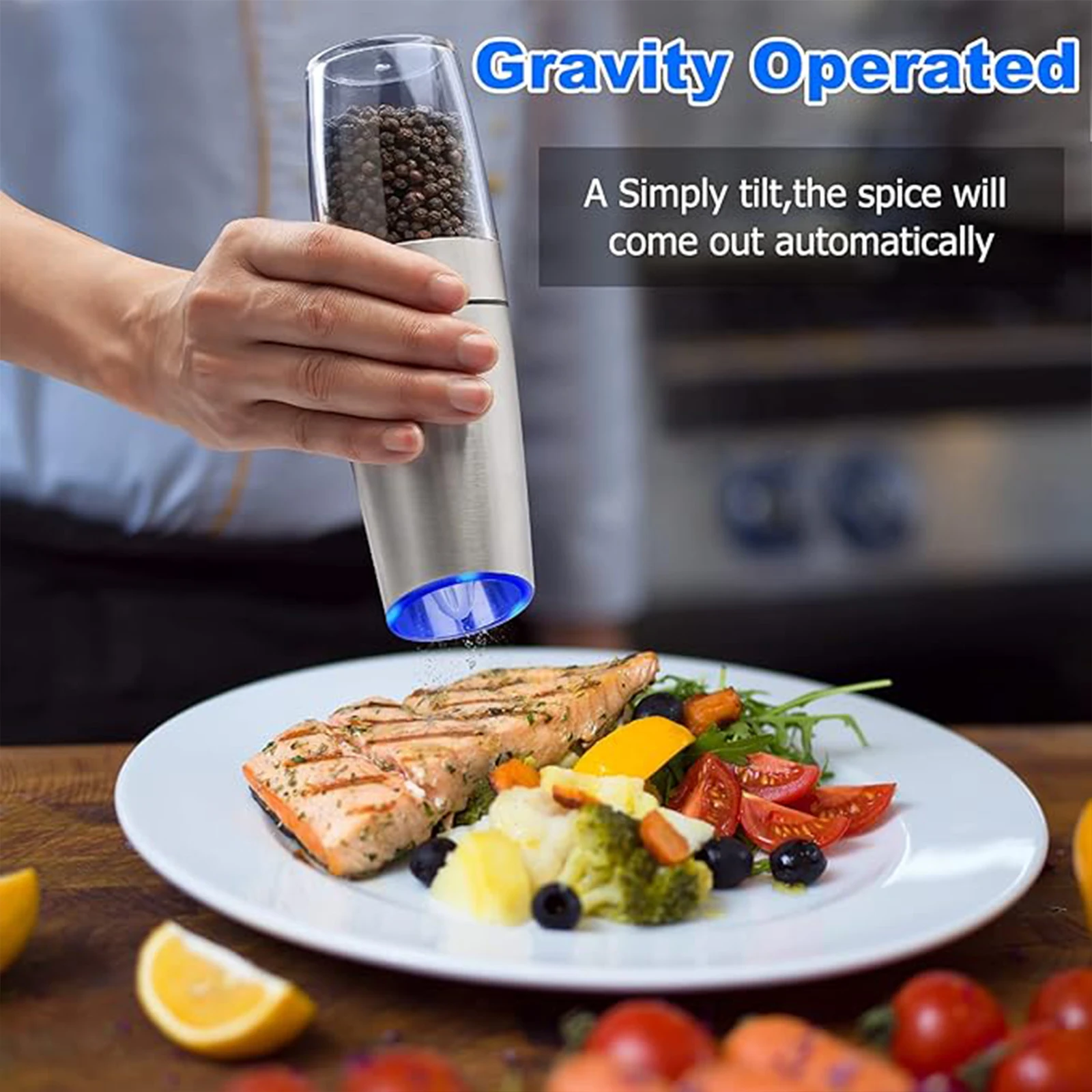 1pc/2pcs, Gravity Electric Salt And Pepper Grinder - Salt & Pepper Mill Sets With LED Light, One Hand Automatic Operation, Adjus - Image 4