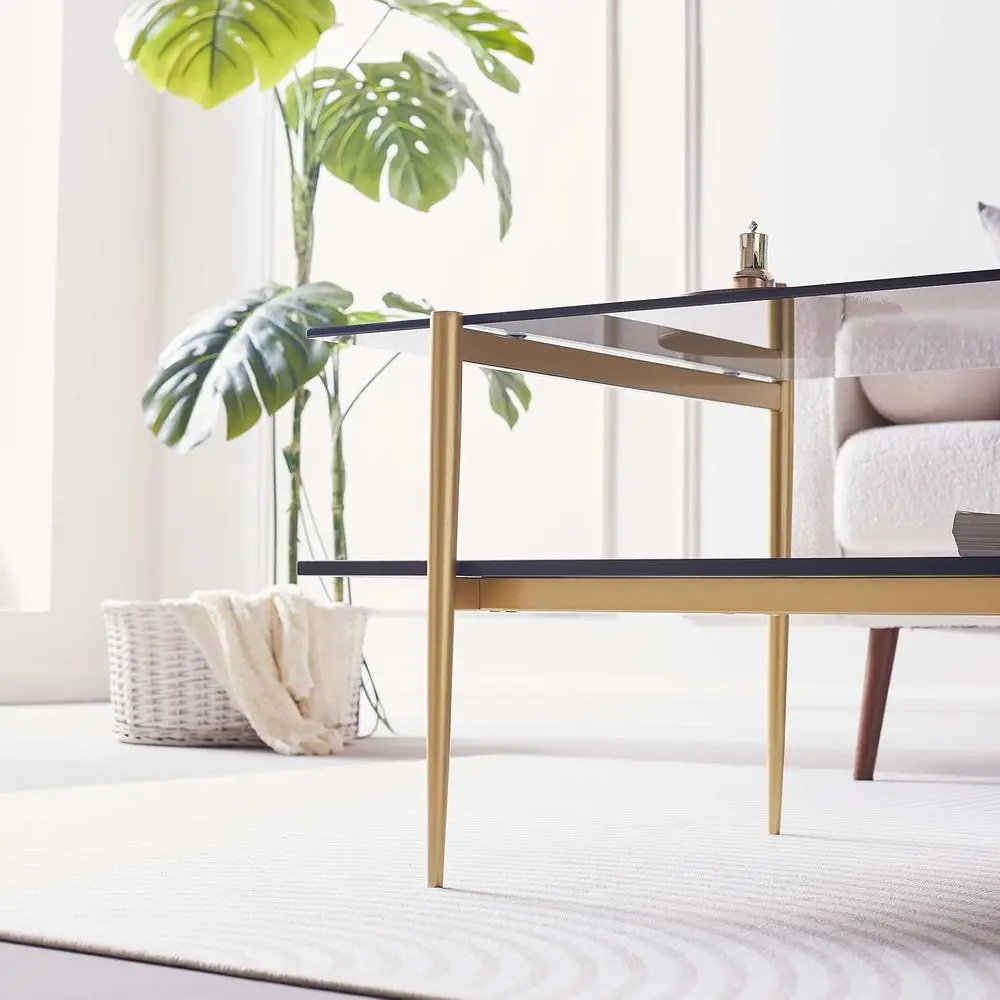 Mid-Century Modern Rectangular Coffee Table, 41x21, 2-Tier with Clear Glass Top and Black Marble Shelf, Gold Conical Legs