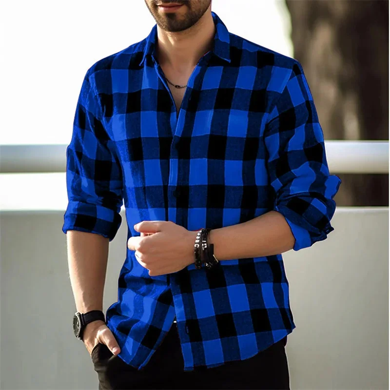 2024 New Purple Plaid Print Men\'s Shirt Fashion Men\'s Long Sleeve Button Lapel Shirt Street Loose Casual Breathable Men\'s Shirt