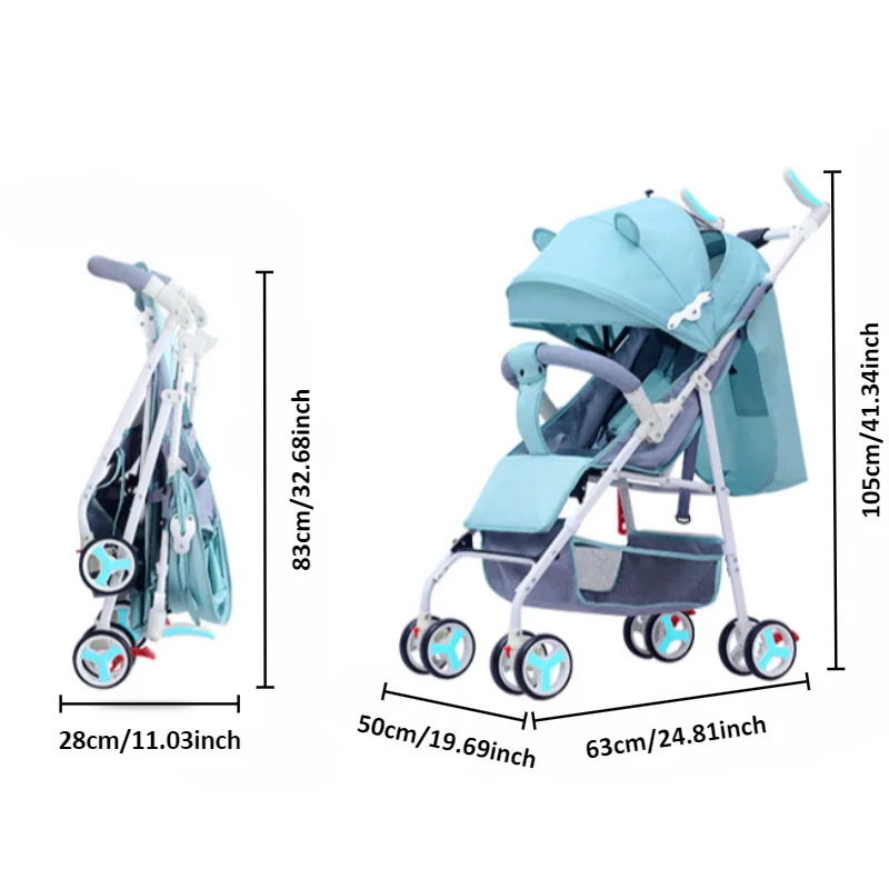 Lightweight Baby Stroller Sit & Lie One Click Folding Baby Strolling Cart with Large Basket Canopy Breathable Mesh Double Brake