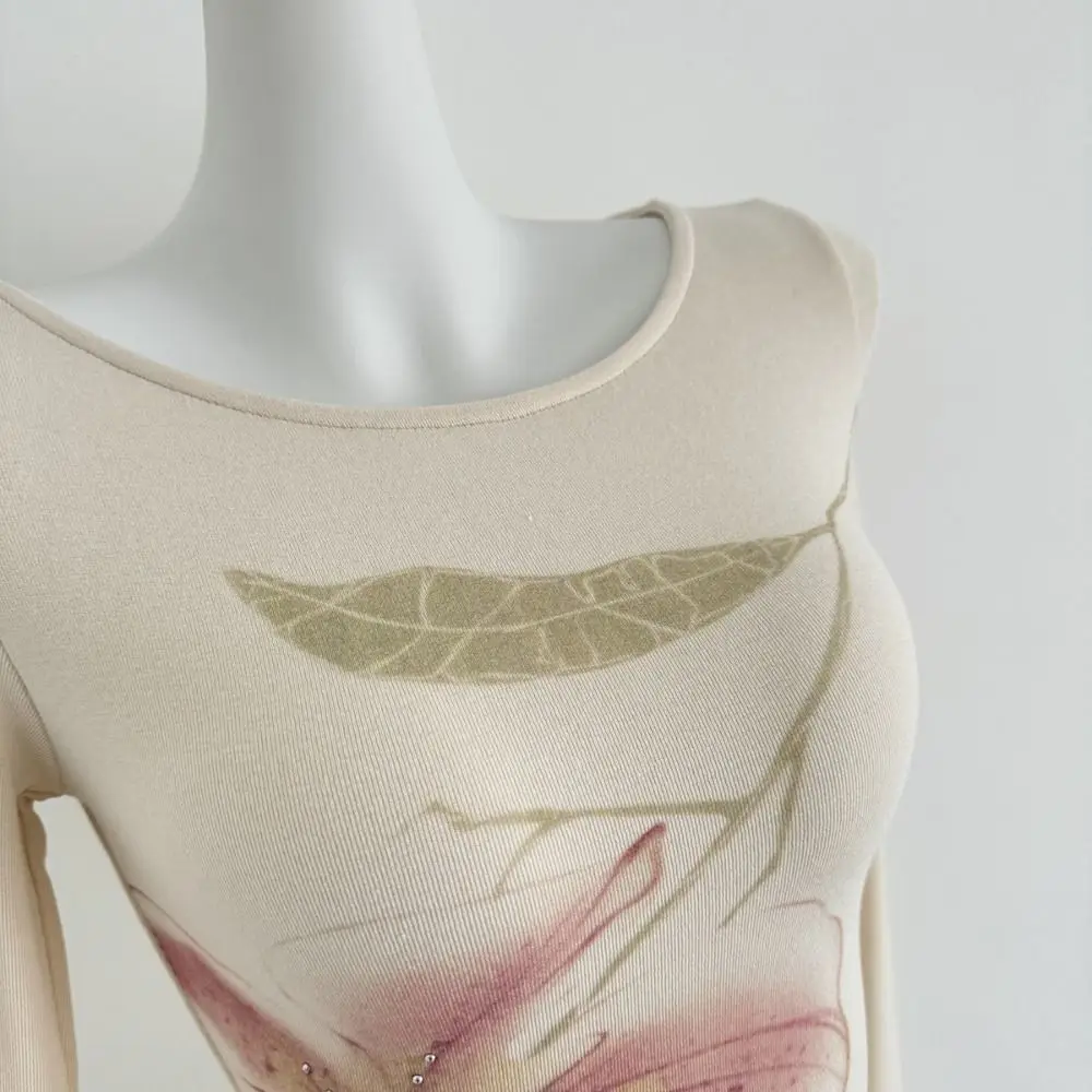 Fashion Rhinestone Floral Long Sleeve T-shirt Sweet Chic Slim Fit Top Korean Style Ladies Clothing Y2k Crop Tops Streetwear