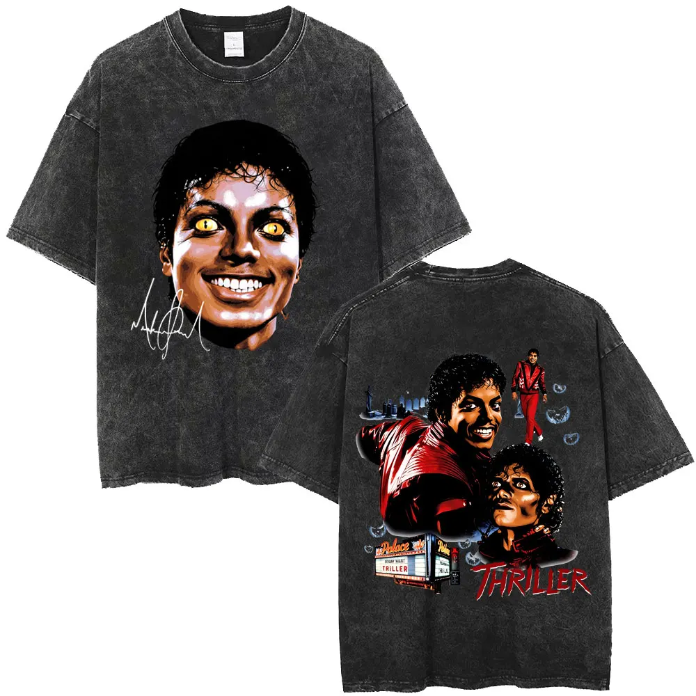 

Washed Vintage Michael Jackson Head Print T-shirt Thriller Graphic T Shirts Men Women Retro Gothic Rock T-shirts Male Streetwear