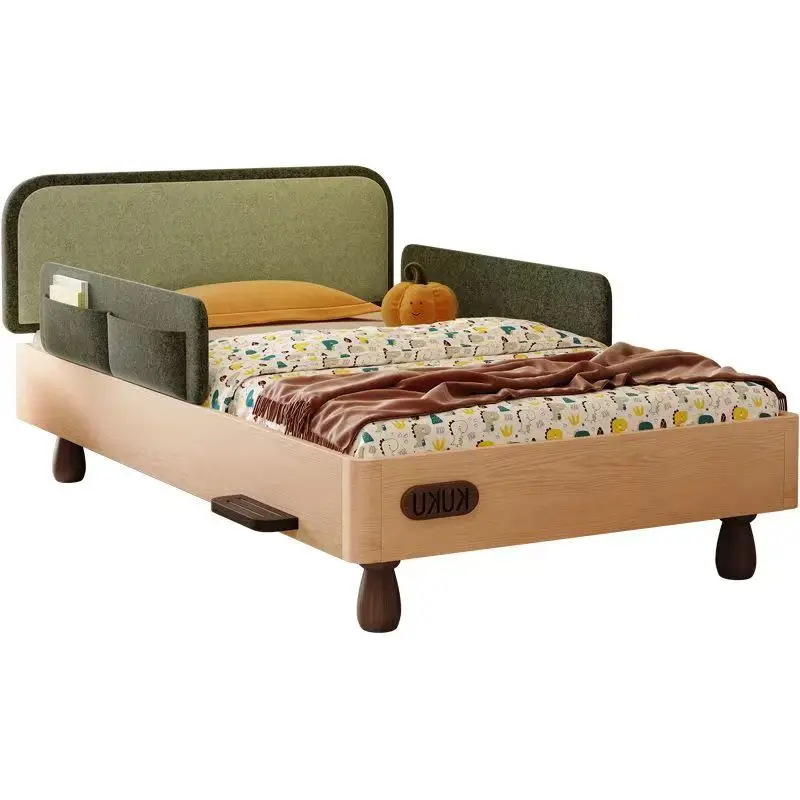 

&*Elegant Design Pure Solid Wood Kids Single Bed Solid Ash Wood Frame with Soft Upholstered Headboard Natural Wood Finish Ideal