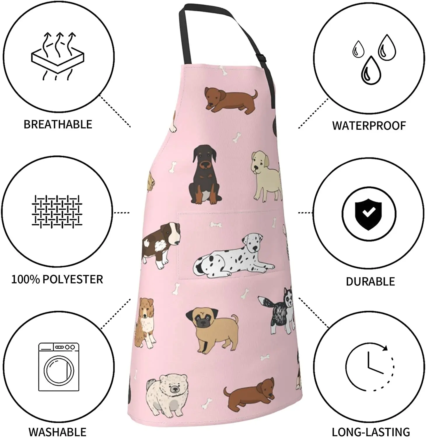 Cute Dogs Animals Waterproof Apron with 2 Pockets Cartoon Pets Kitchen Chef Aprons Bibs for Cooking Baking Painting Gardening