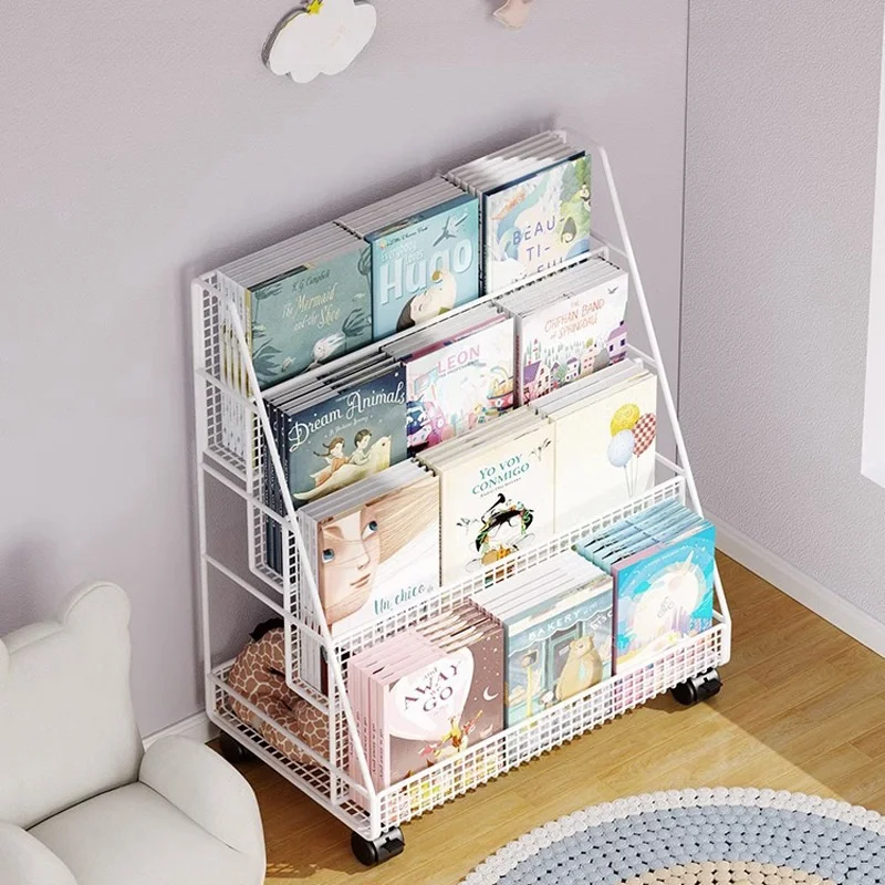 Children Bookcases Trolley Picture Storage Shelf Mobile Iron Front facing Bookshelf Mini Bookcase Stand Cart Kid Room Organizer