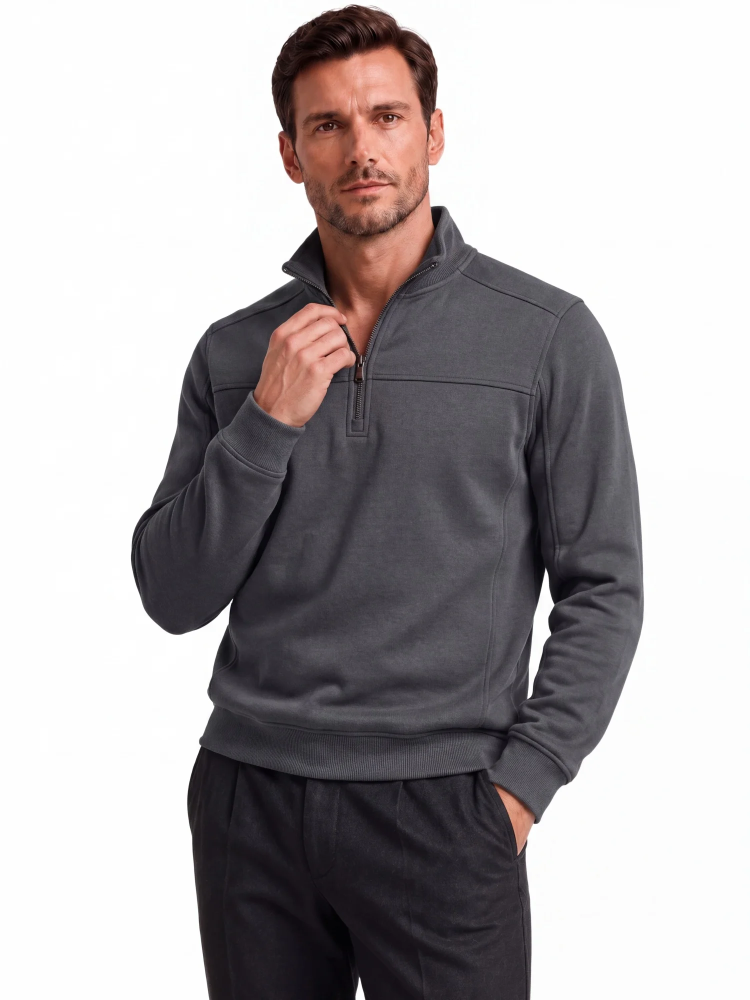 Herren 2026 Halbreißverschluss-Sweatshirt mit Stehkragen aus Baumwolle, einfarbig, lässiger Langarm-Pullover, warm und gemütlich, Basic-Jumper für Herbst und Winter. – Detail 6