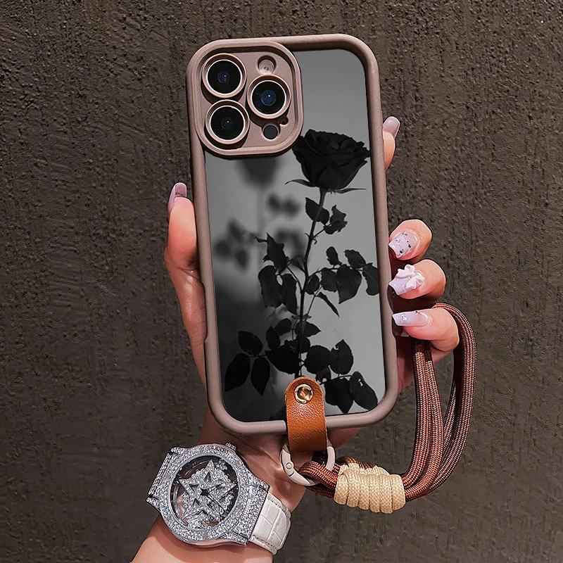 Schwarzes Rosen-Lanyard-Handyband für iPhone 15 16 17 Pro Max 14 13 12 11 Pro Plus XS XR Stoßfeste Matte Silikonhülle – Detail 1