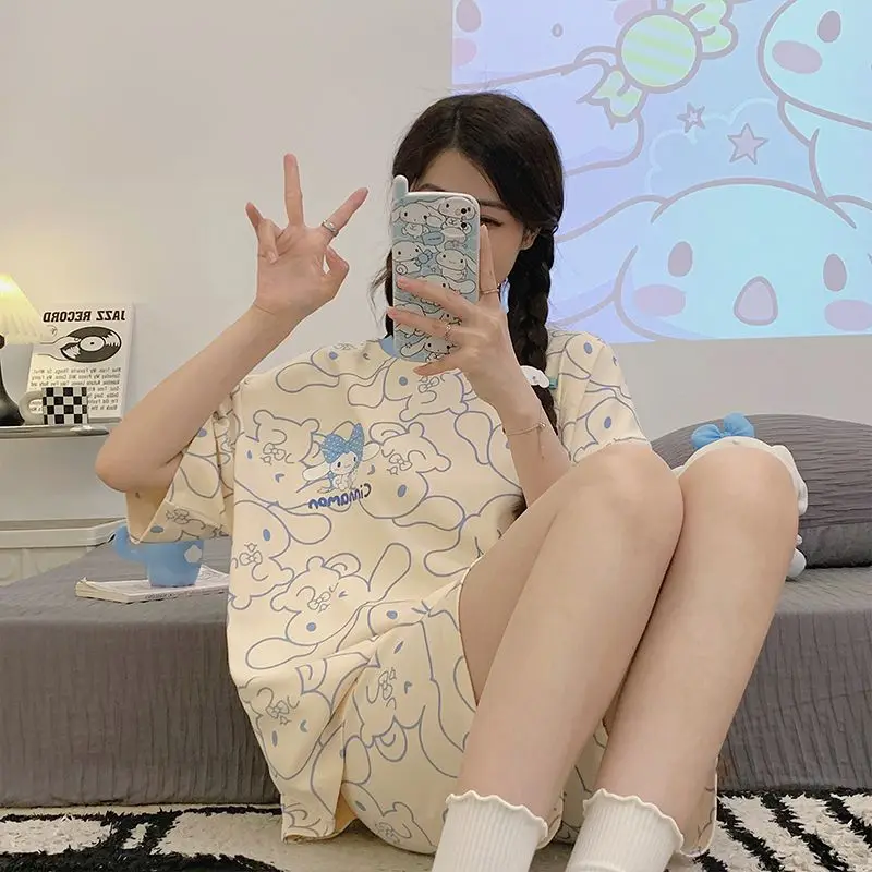 

Sanrio Hello Kitty Anime Pajamas Women's Summer Short-Sleeved Pure Thin Korean Version Lovely Home Clothes Two-Piece Suit Summer