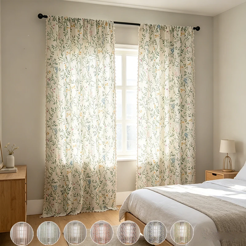 

2pcs Curtains Linen Semi Sheer Curtains Light Filtering Farmhouse Style Drapes for Living Room and Bedroom Home Decoration 커튼