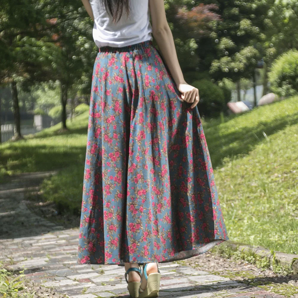 TIYIHAILEY Free Shipping 2023 New Fashion Long Maxi A-line Elastic High Waist Women Cotton And Linen Print Skirts Flowers