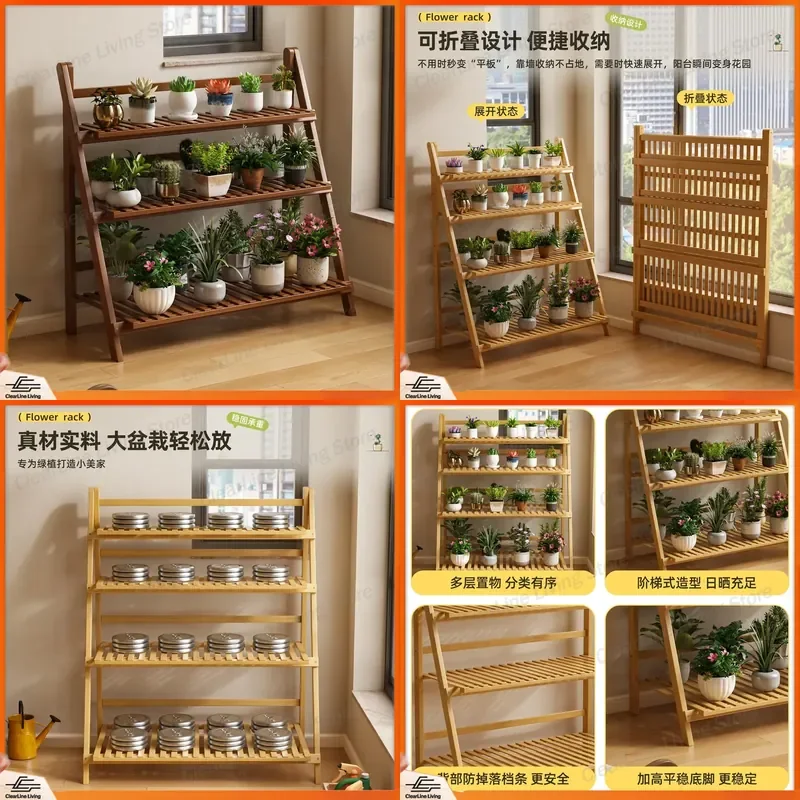 Foldable Flower Rack Balcony Floor to Ceiling Stepped Green Plant Stand Indoor Multi Layer Pot Holder Shelf for Home Garden