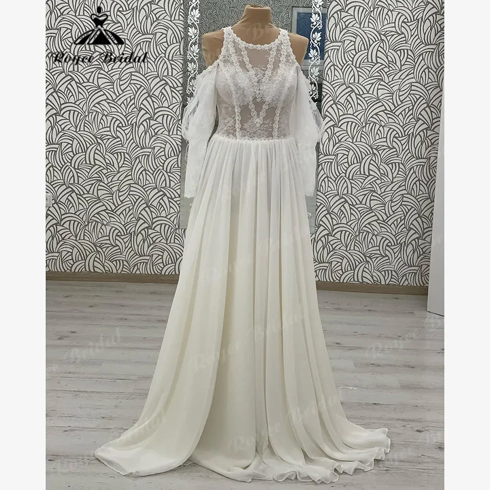 Roycebridal-Boho flowy vestido de noiva para mulheres, ombro, chiffon, renda, ilusão chique, praia, vestido de noiva, plus size, 2024