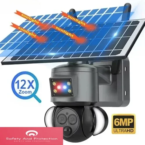 2024 Sectec 4G 6MP 6W Solar Camera CCTV Surveillance PIR Outdoor 12X Zoom Dual Lens Outdoor Wifi Network Solar Camera