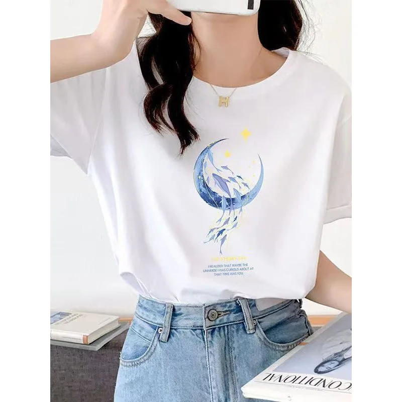 Fashionable Short Sleeve Women's T-shirt Student Geometric Pattern Breathable Cotton Korean Style round Neck Loose Fit T-shirt