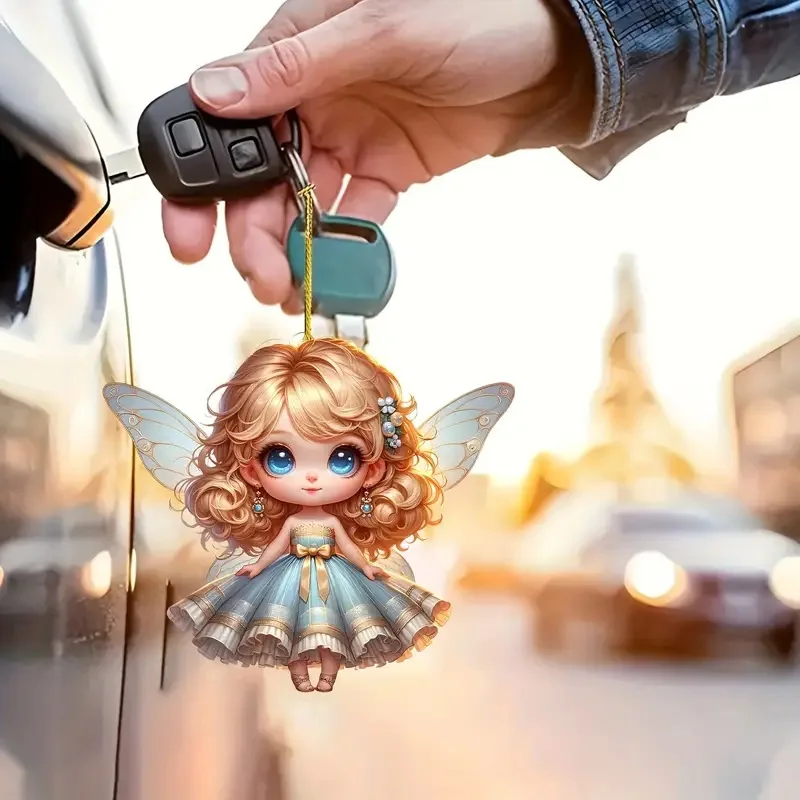 2D Acrylic Angel Elf Pendant Flower Fairy Charms Small Fresh Car Pendant Cartoon Cute Elf Car Rearview Mirror Decoration Pendant