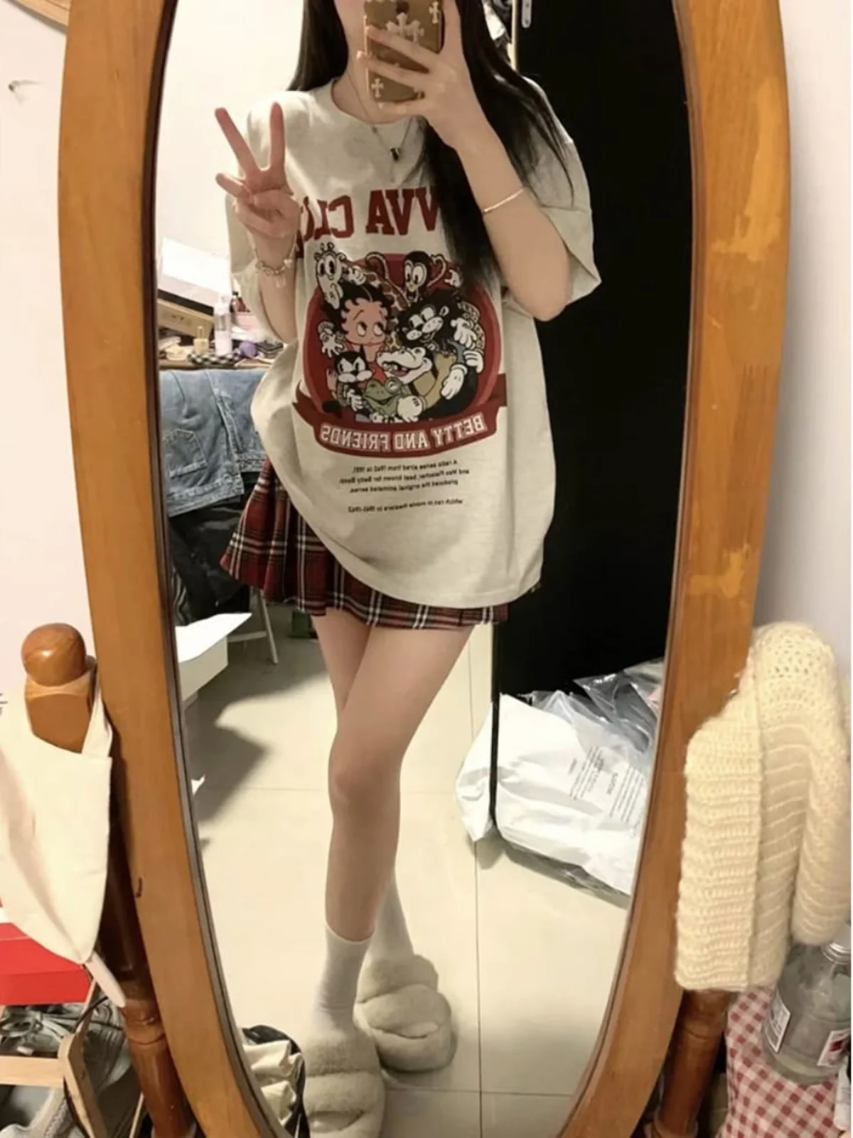 Camiseta de manga corta de algodón puro con diseño de dibujos animados retro americanos Betty Miss para mujer, estilo holgado de verano, top de moda.