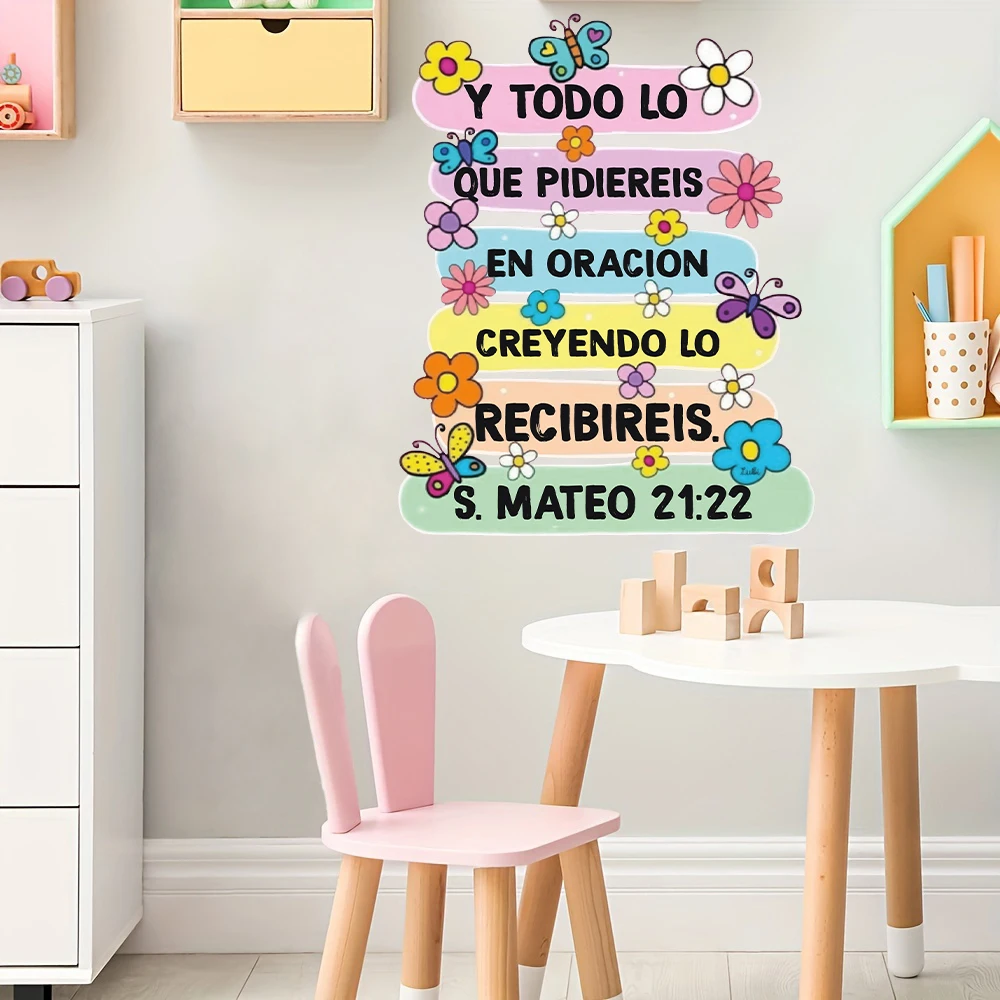 Spanish Christian Bible Verse Butterfly Wall Stickers Christ Inspiral Quote Mateo 21:22 Wall Decals for Bedroom Home Decor