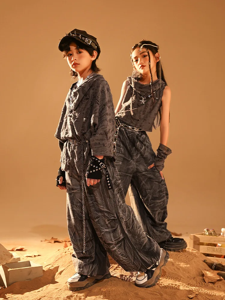 طفل القفار نمط الهيب هوب الملابس رمادي المتزعج هوديي أعلى طباعة عارضة عداء ببطء السراويل لفتاة صبي أزياء رقص الملابس