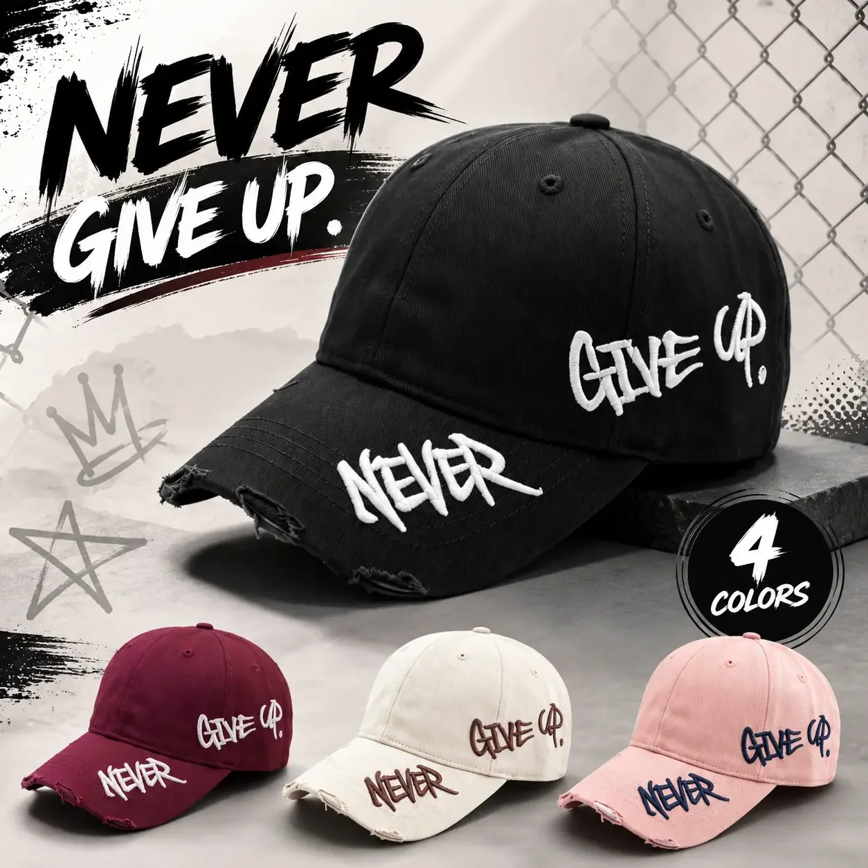 Unisex Baseball Cap Side Embroidery Letters Never Give Up Duckbill Curved Brim Distressed Edge Streetwear Hat