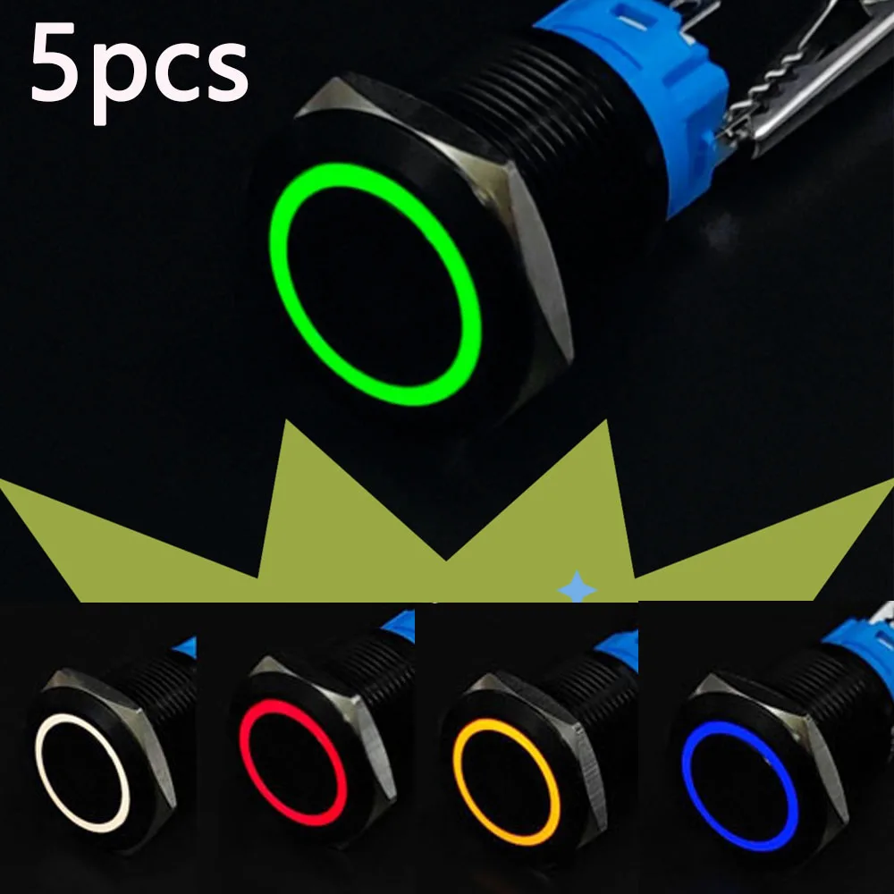 

5pcs Metal Push Button Switch Start Stop 16 19 22 mm Red Yellow Blue Green Car Engine Backlit LED Light 5V 6V 12V 220V PC Power