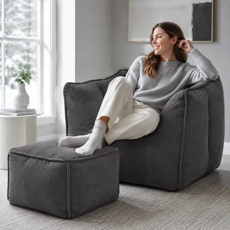 Corduroy Bean Bag Chair withOttoman Footstool Set, Shredded Foam Filled Single Lazy  Chair,suitable for bedrooms, dormitori sofa