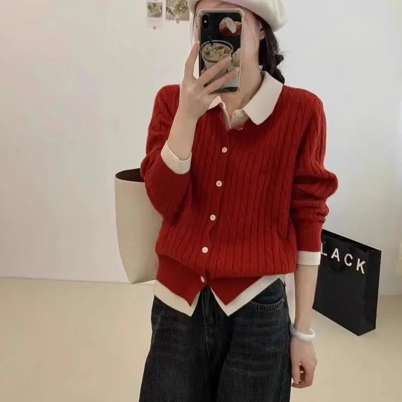 Simplicity Office Lady Autumn Sweaters Women's POLO Collar Solid Fake Two Pieces Button Korean Long Sleeve Knitted Cardigan Tops