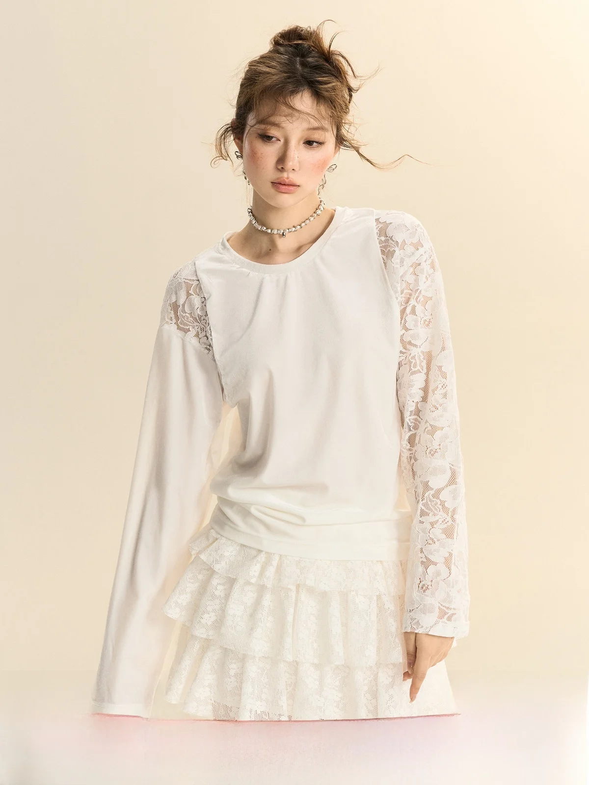 

SASSY MOODY Оригинальный дизайн, бархатный свитшот с кружевными вставками и вырезами, текстурированный, женский, осенне-зимний топ, Princ Sle Swee...