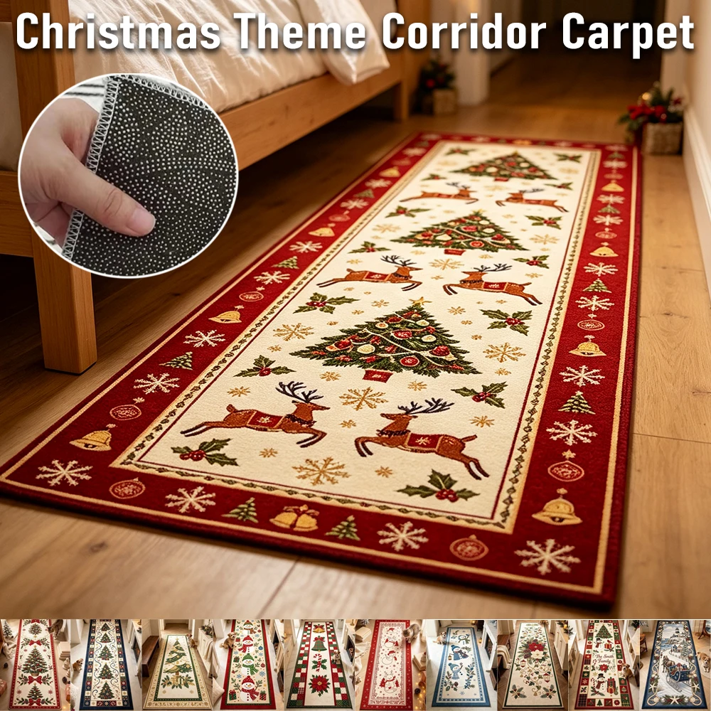 Christmas Theme Corridor Carpet Geometric Pattern Crystal Velvet Floor Mat Entrance Kitchen Staircase Long Rug Home Decoration